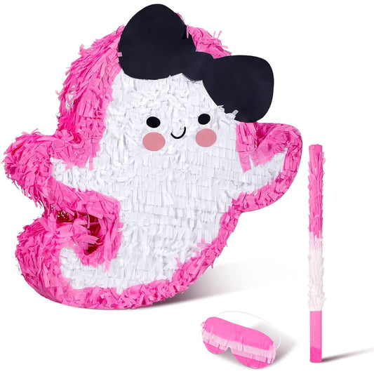3 Pieces Halloween Party Ghost Pinata Pinata with Pinata Sticks and Blindfold Pink and Black Halloween Pinata Theme Stuffed Pinata for Candy Toy Kids Girls Birthday Festival Halloween Party Supplies