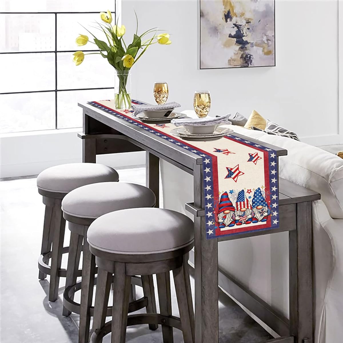 BOTB LIHM 4th of July Table Runner Gnome Star Patriotic American Memorial Day Independence Day 13x120 Inch Dining Table Decor Indoor Outdoor Home Decor