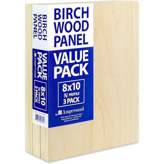 Ampersand Birch Wood Panel Value Pack, 7/8 inch thickness, 8x10 inch panels, 3-pack (BMP8750810)