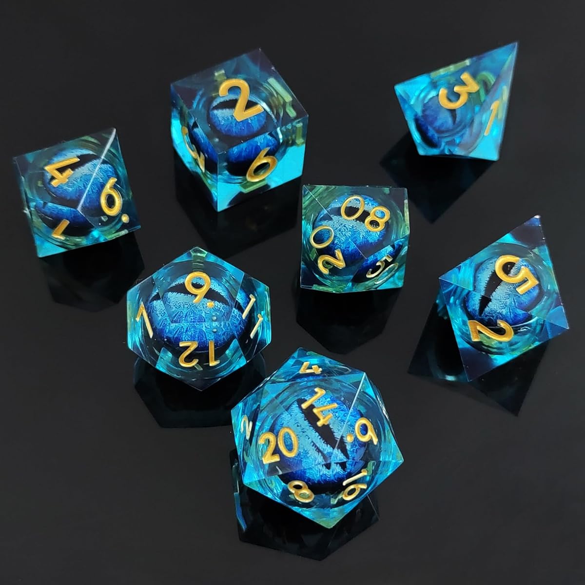 GIUADKXD DND Dice Set - Liquid Core Moveable Dragon's Eye Dice D&D Polyhedral Handmade Resin Dice RPG Role Playing Dice Dungeons & Dragons DND Spiked Dice D20 Dice 7 Piece Set Blue Dragon's Eye