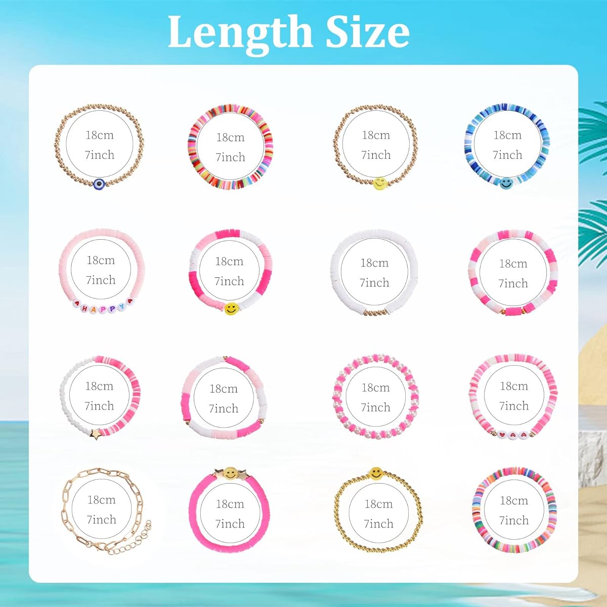 FRIUSATE Preppy Heishi Bracelet 16 Pieces Heishi Surfer Bracelet Colorful White Gold Smile Heart Star Evil Eye Beads Stretch Bracelet Boho Disc Bracelet Beach Bohemian Layering Bracelet