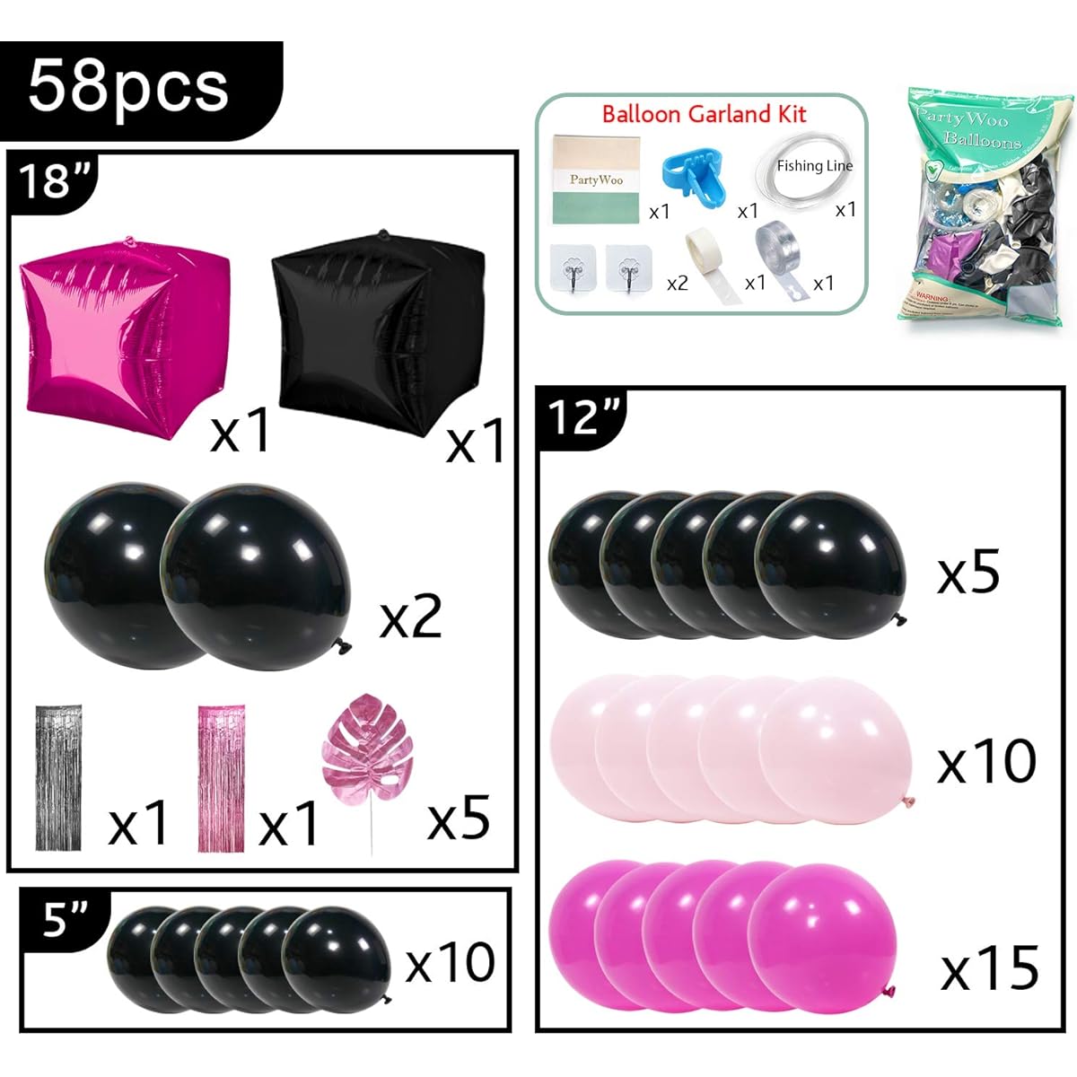 PartyWoo Hot Pink Balloons, Black Balloon Pack, Hot Pink Balloons, Pastel Pink Balloons, 4D Foil Balloons with Foil Fringe Curtains and Leaves for Pink and Black Party