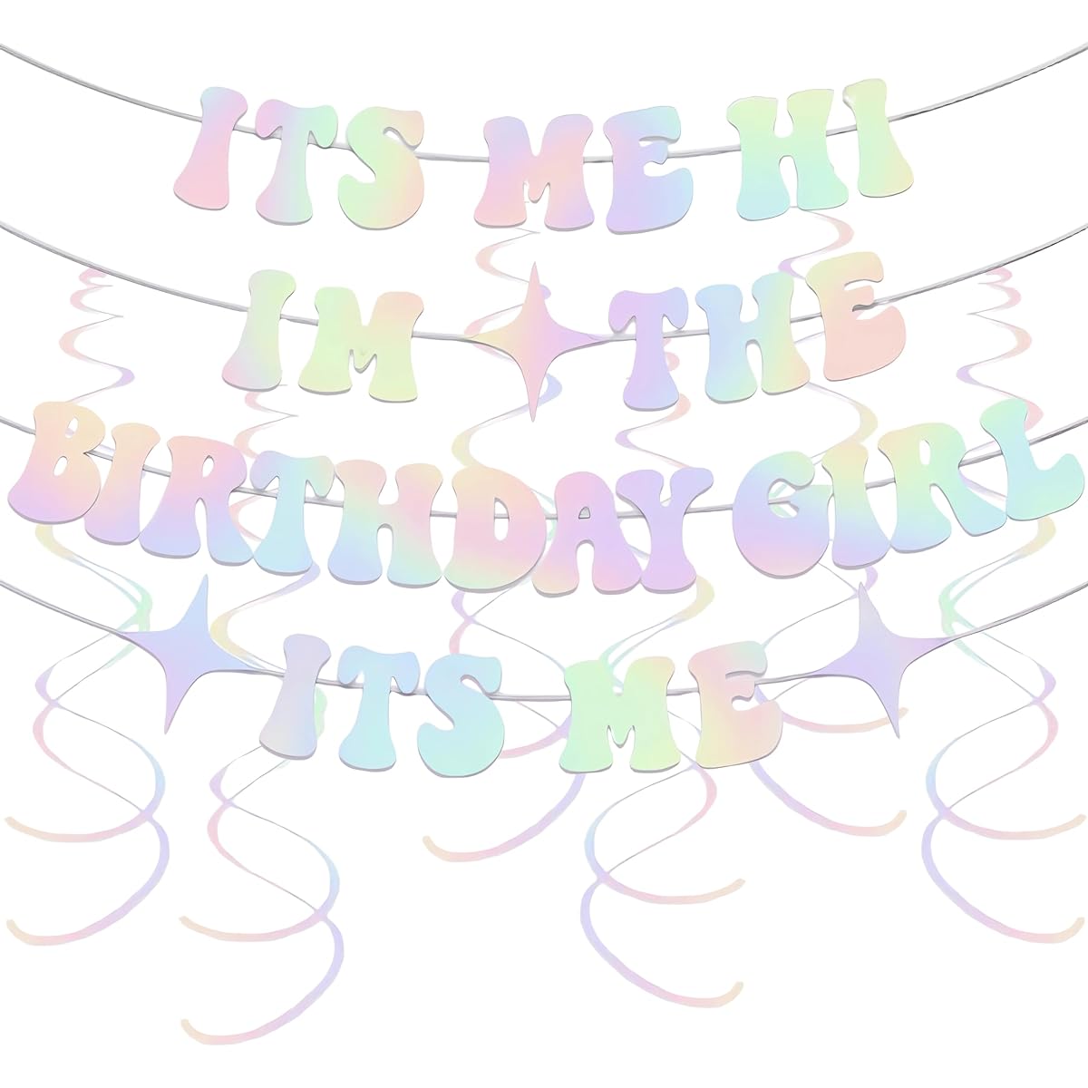 Its Me Hi Im The Birthday Girl Its Me Banner, Sparkly Silver Iridescent Popular Singer Birthday Decoration Banner with Hanging Swirls, Girls Garland for Birthday Party Decorations