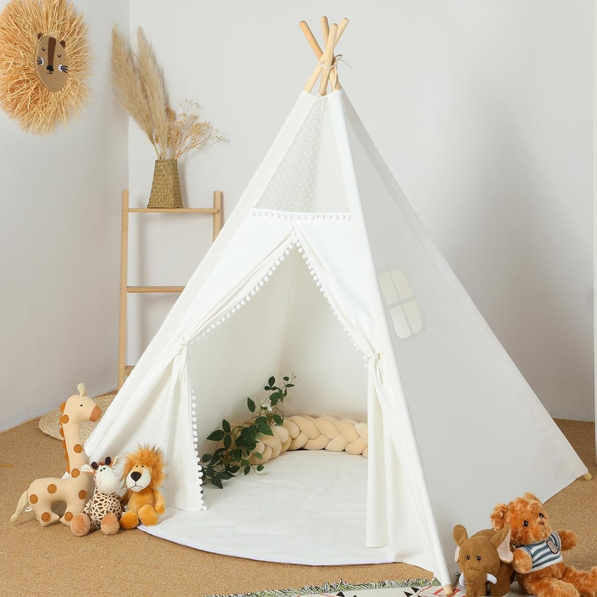 Wilwolfer Teepee Tent for Kids, Foldable Children's Play Tent for Girls and Boys with Carry Case, 4 Pole White Canvas Playhouse for Indoor and Outdoor Games, White, wilwolfer-teepee 2019