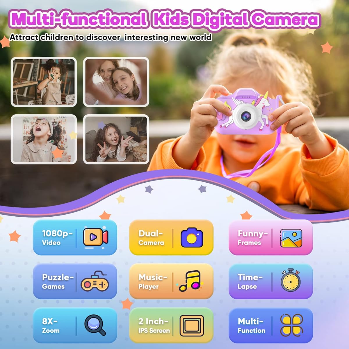 Dylanto Upgraded Selfie Kids Camera, Christmas Birthday Gift for Girls Age 3-10, HD Kids Digital Video Camera with Cartoon Silicone Cover, Portable Toy for 3 4 5 6 7 8 Year Old Girls