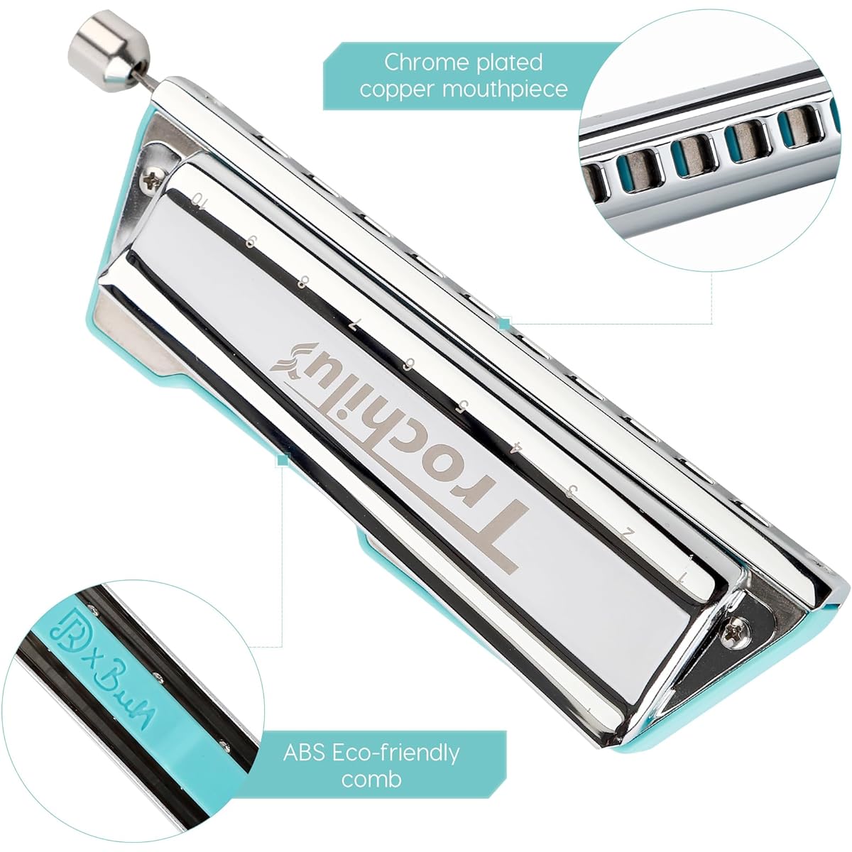 JDR Trochilus 10 Hole Chromatic Harmonica C Harp Mouth Organ with Case for Adults, Professionals, Beginners, and Students (Blues Tuning & Blue)