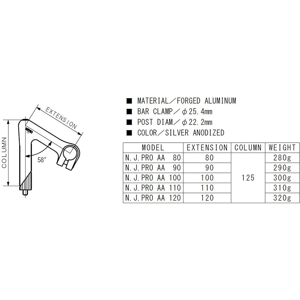 NITTO Stem NJ PRO AA NJ PRO AA 90 φ25.4 φ22.2 90 Silver