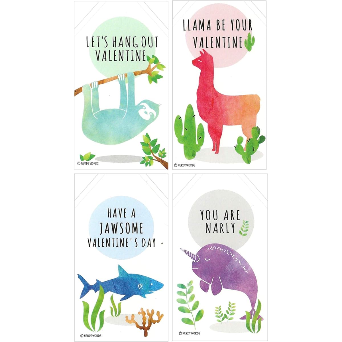 Nerdy Words Mini Llama Sloth Narwhal Shark Valentine (Wallet Size Card with Small Envelope) for Valentine's Day (Set of 32)