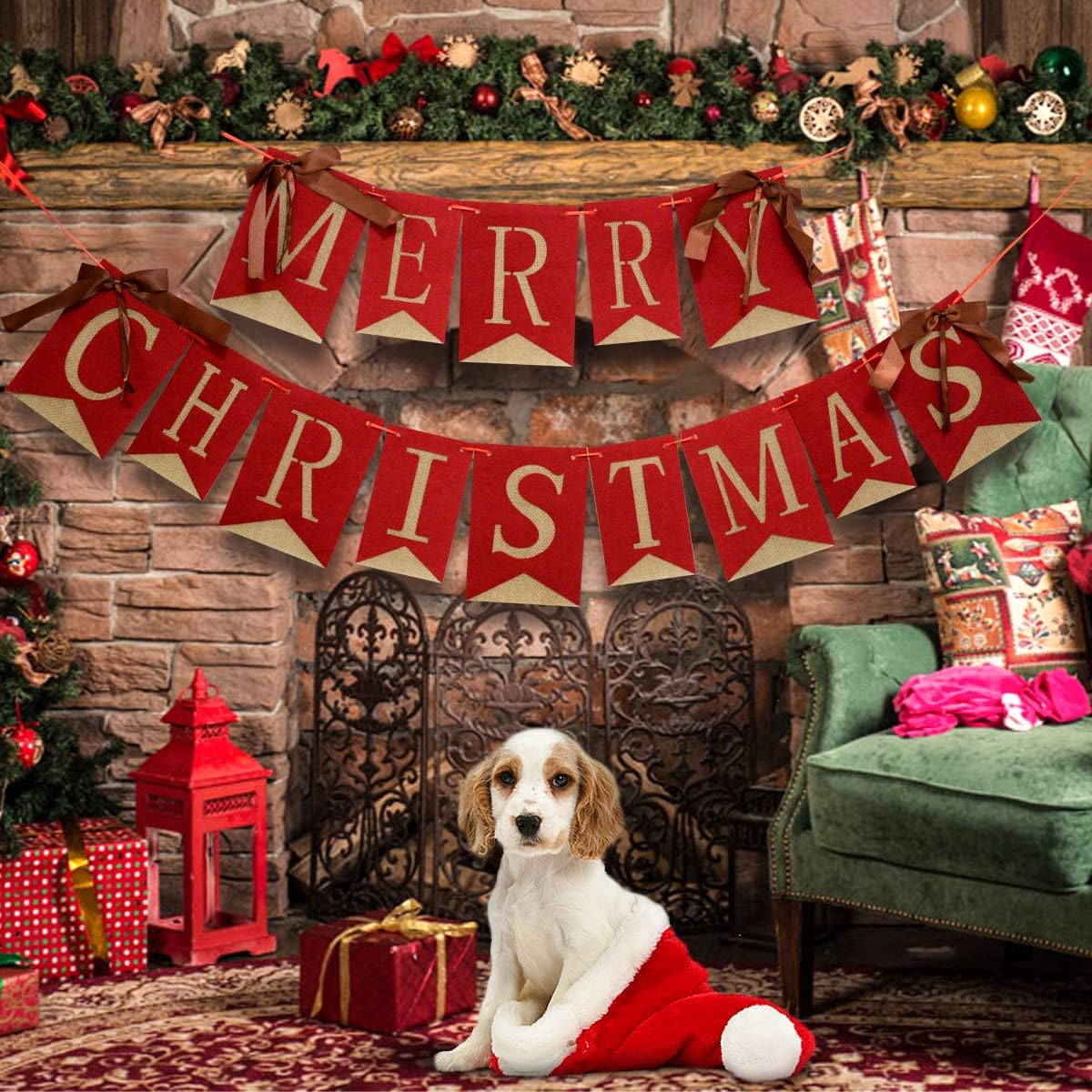 HARBORII Merry Christmas Banner Burlap Banner Merry Christmas Banner Fireplace Decoration Wall Wood Hanging Ribbon (Banner)