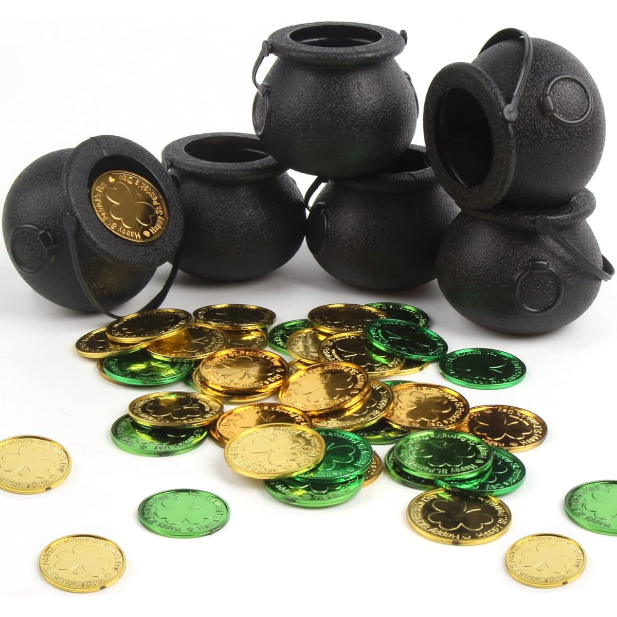 FOIMAS Mini Black Cauldron 6pcs Plastic Candy Kettle with 72pcs Shamrock Coins St. Patrick's Day Party Decorations Supplies