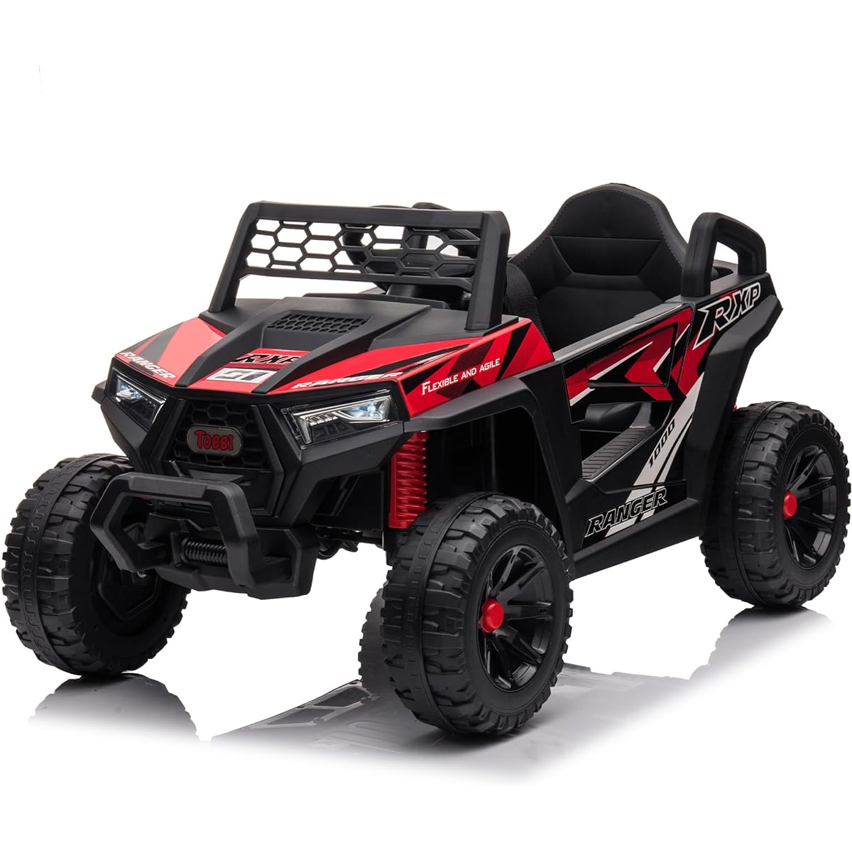 TOBBI 12V Kids Car Electric Off-Road UTV Truck with Forward and Reverse Function, Double Doors, Safety Belt, Horn, Music, Lights, for Kids 3-5 Years (Red)