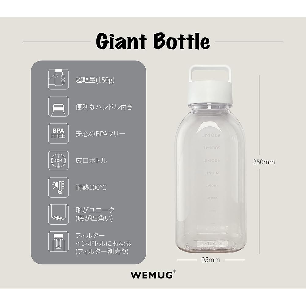 WEMUG Water Bottle 1000ml Water Bottle (Ultra Lightweight, Highly Sealed Without Silicone) Sports Bottle Giant Clear