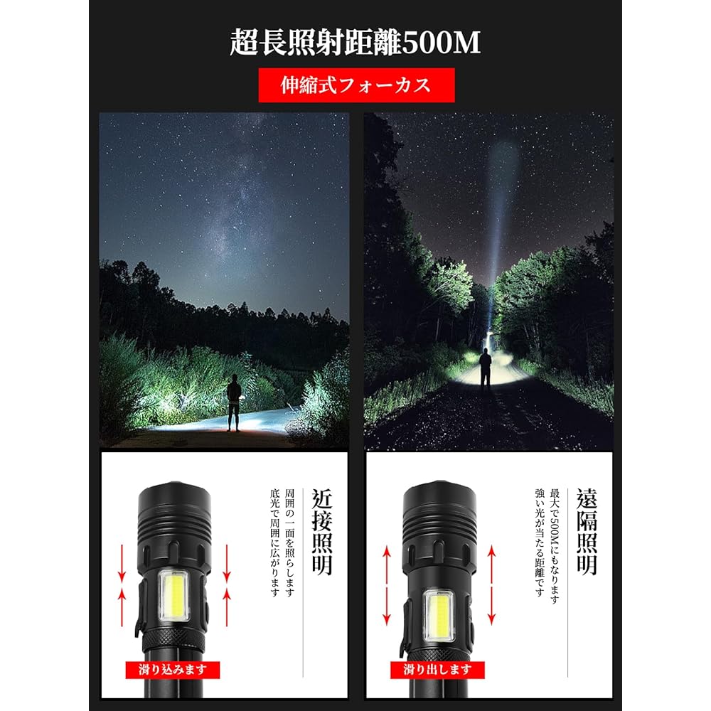 QAQQVQ Flashlight, LED Light, Powerful, Military Handlight, Type-c, USB Rechargeable, 5,000 mAh, Large Capacity, Battery Mobile, Power Function, Remaining Level Indication, White & Red Lamp, COB Work