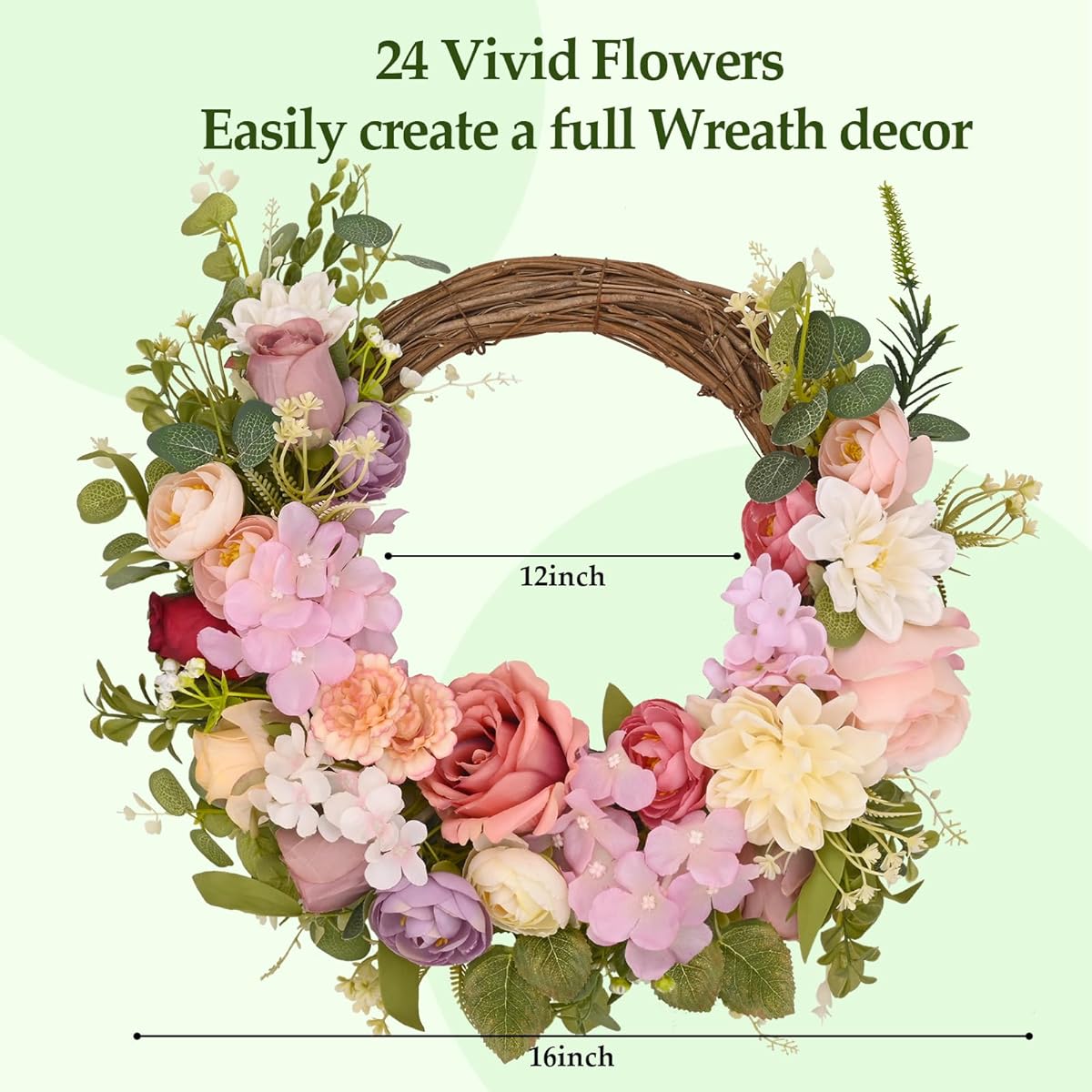 Waipfaru Spring Wreath for Entrance 16 Inch Peony Rose Flower Summer Door Wreath Entrance Door Outdoor All Season Wall Wedding Home Decoration