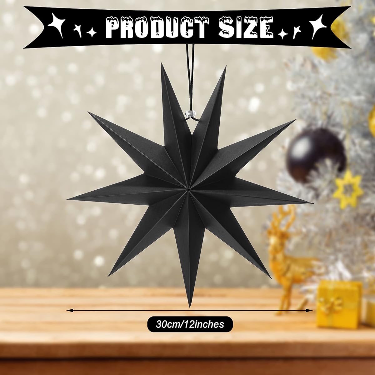 3pcs 9 Pointed Paper Star Lantern 12 Inch Hanging Lampshade Paper Star Pendant Charm Star Shape Christmas Holiday Wedding Birthday Party Celebration Decorations (Black, White, Gray)