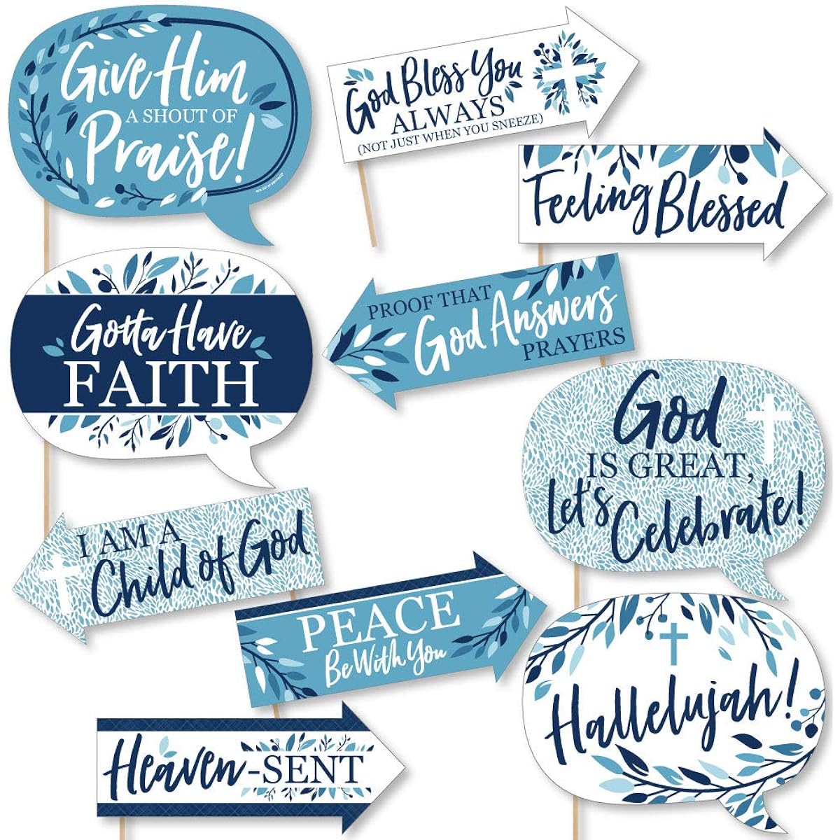 Funny Blue Elegant Cross - Boys Religious Party Photo Booth Props Kit - 10 Pieces
