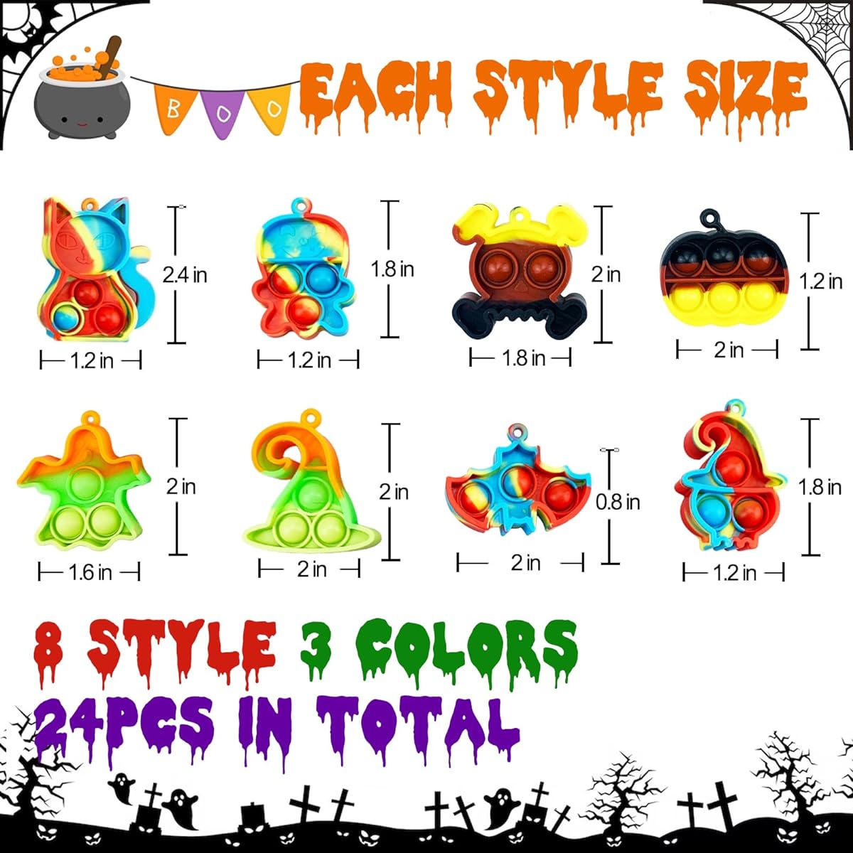 24pcs Halloween Mini Pops Halloween Party Favors Fidget Toys for Kids Pop Keychains Sensory Toys Classroom Favors Halloween Goody Bag Stuffers Trick or Treat Toys