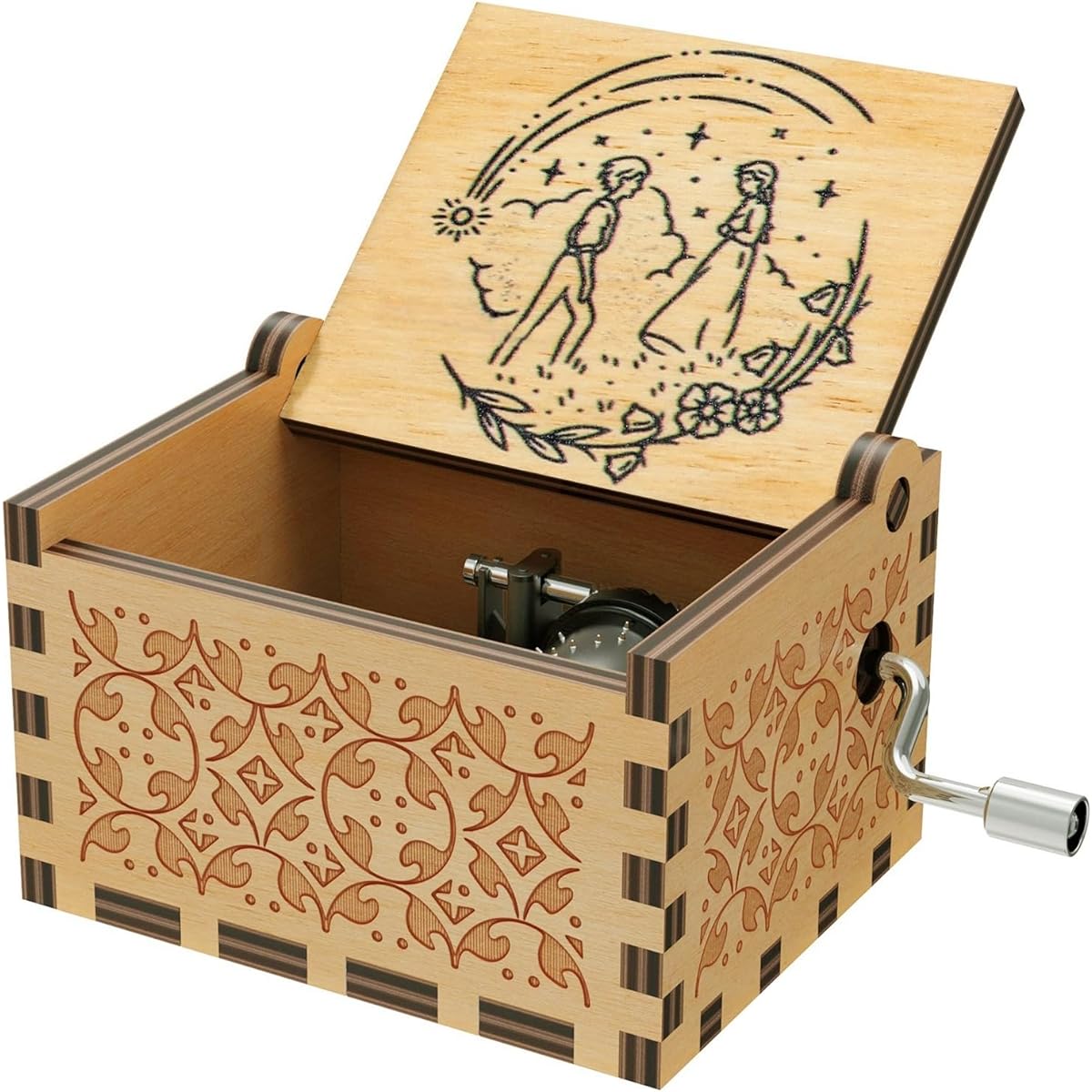 Huntmic Animated Howl's Moving Castle Music Box Antique Carved Wooden Hand Crank Howl Sophie Music Box for Kids Christmas/New Year (Wooden Style 2)
