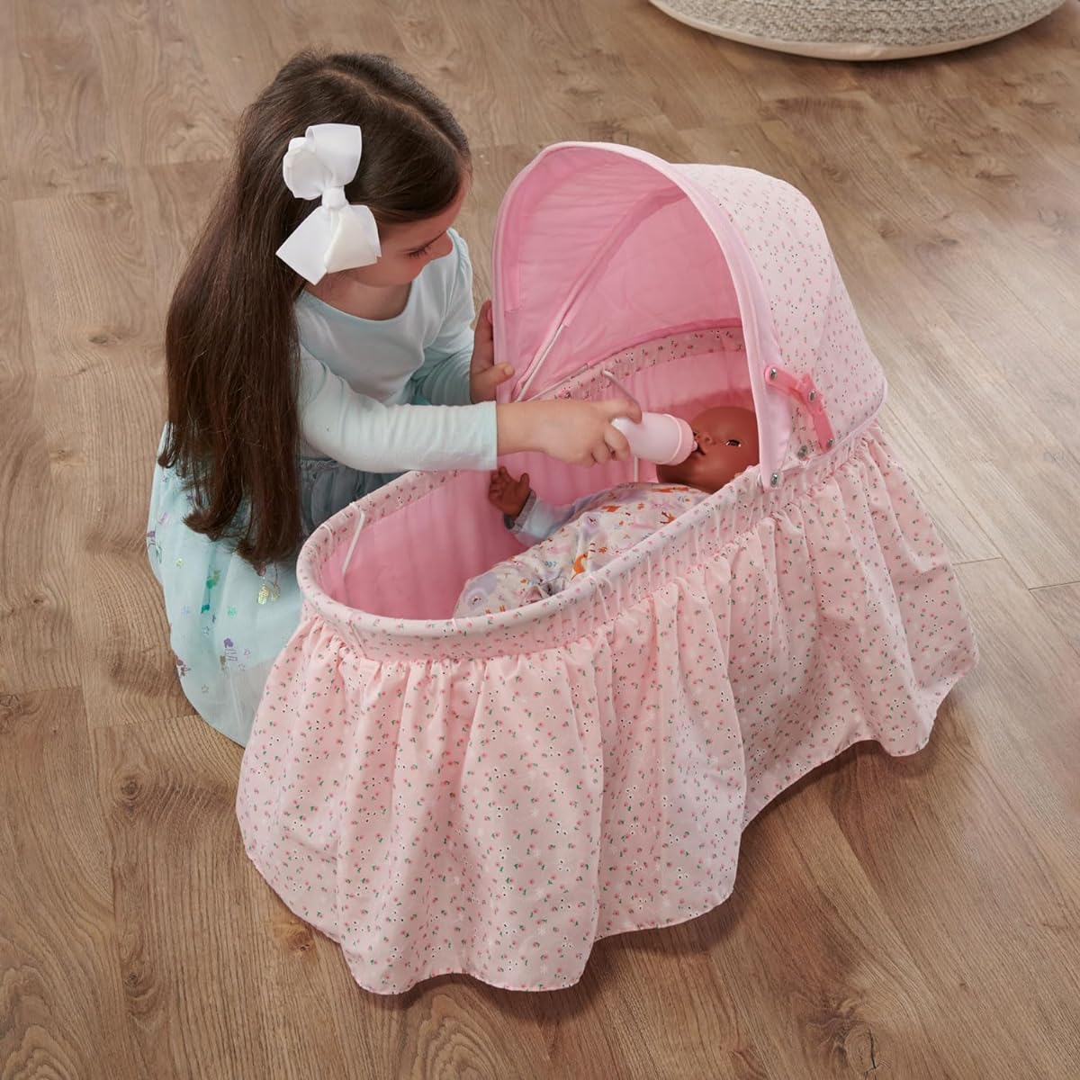 Badger Basket Foldable Toy Doll Rocking Bed with Hood for 22" Dolls, Pink/Rosebud