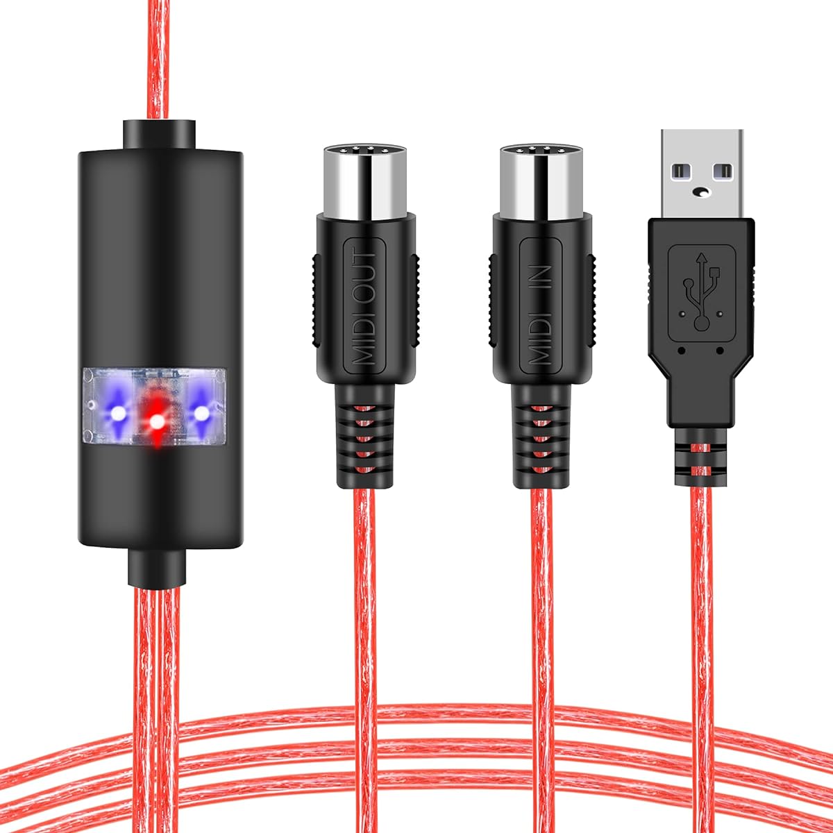 Oxsubor USB MIDI Cable - Upgraded Professional MIDI to USB In-Out Cable Adapter Converter Connect Piano Keyboard to PC/Laptop for Editing & Recording 2m (6.5ft) (Red)