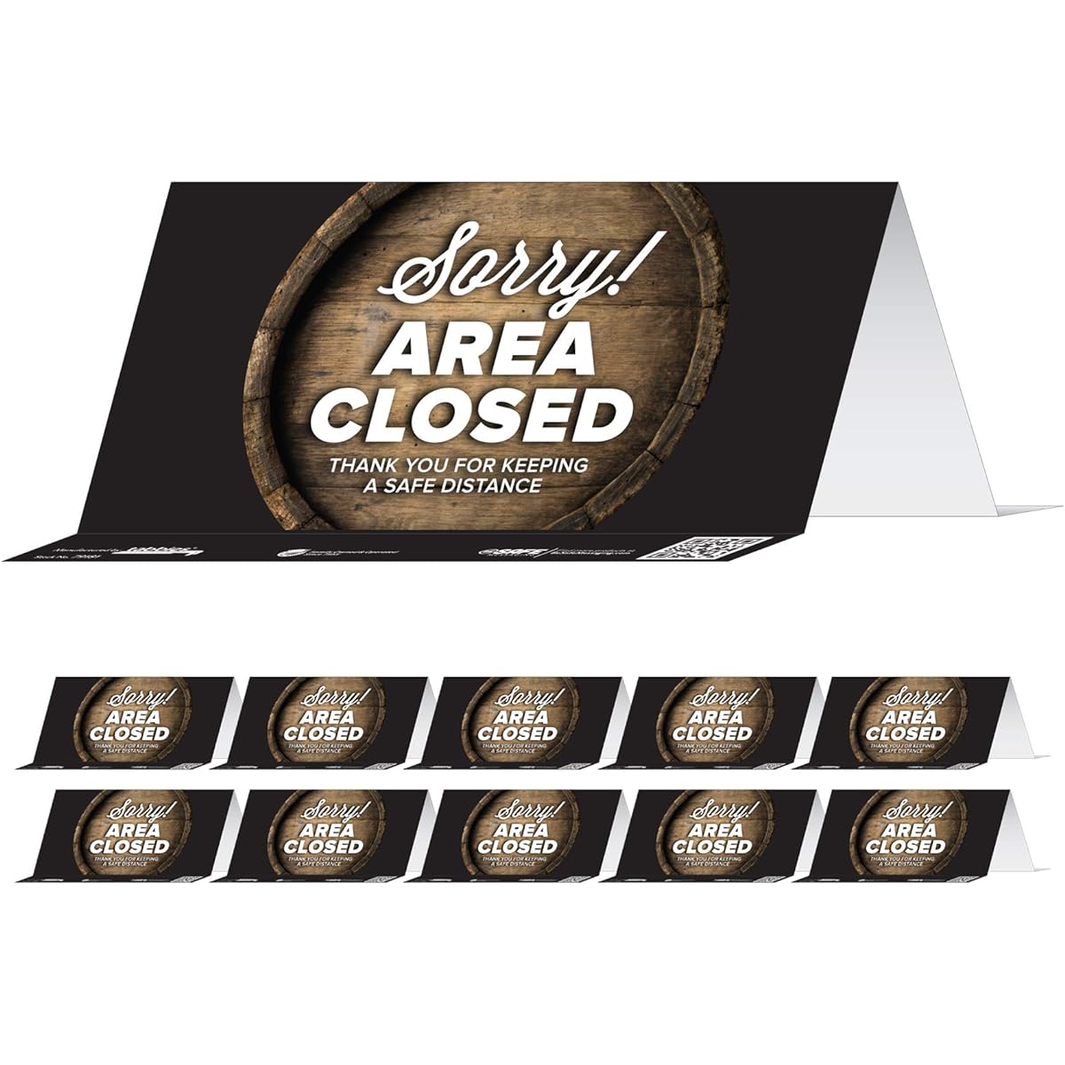 BeSafe Messaging "Sorry! Area Closed, Thank You for Keeping a Safe Distance" Barrel, Tabletop Tent Cards, 8"x3.8", Restaurant Safety Signs, Reusable (10 Pack)