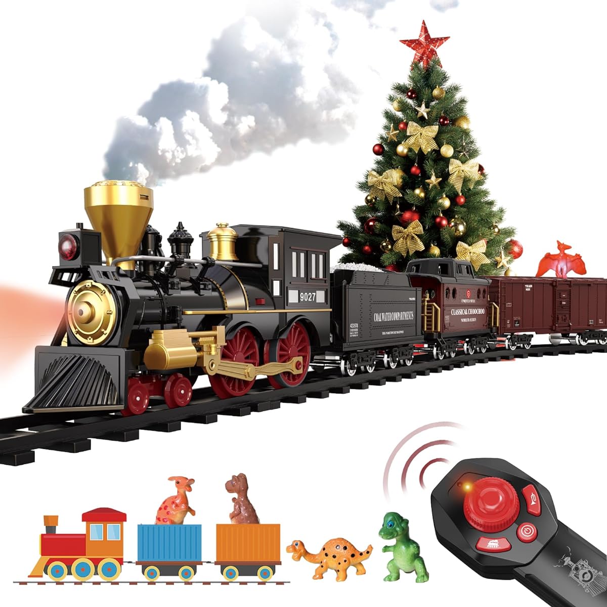 Remote Control Train Set for Boys Girls Kids - Electric Steam Locomotive, Freight Cars, Trucks, Realistic Smoke, Sounds, Lights, Rechargeable, Christmas Birthday Gift for Ages 3, 4, 5, 6, 7+