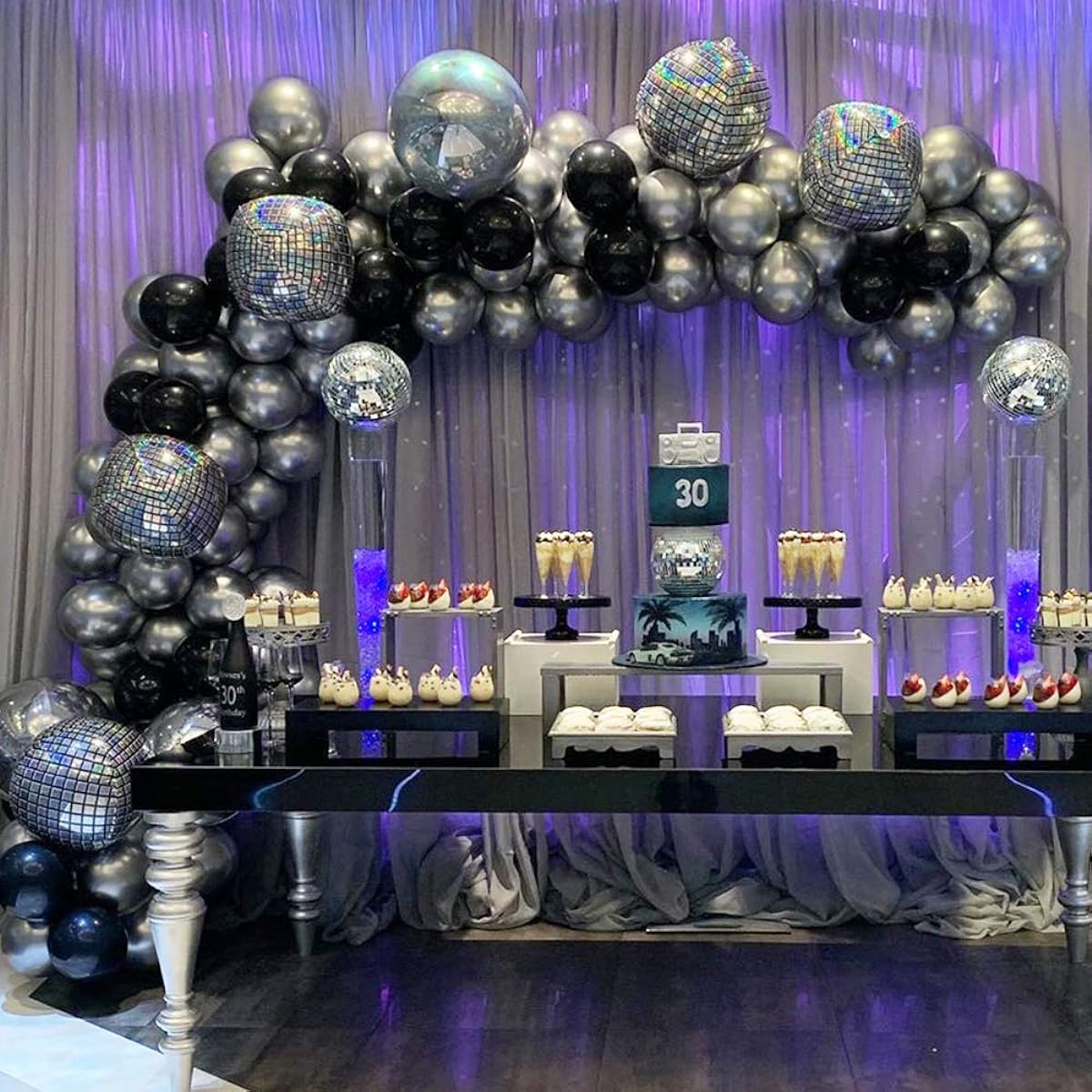 GIHOO Black and Silver Balloon Garland Arch Kit, 139pcs 4D Disco Foil Balloons Silver Metallic Balloons with 16ft Strip Bouquet for Wedding Baby Shower Birthday Disco Dance Party Decorations
