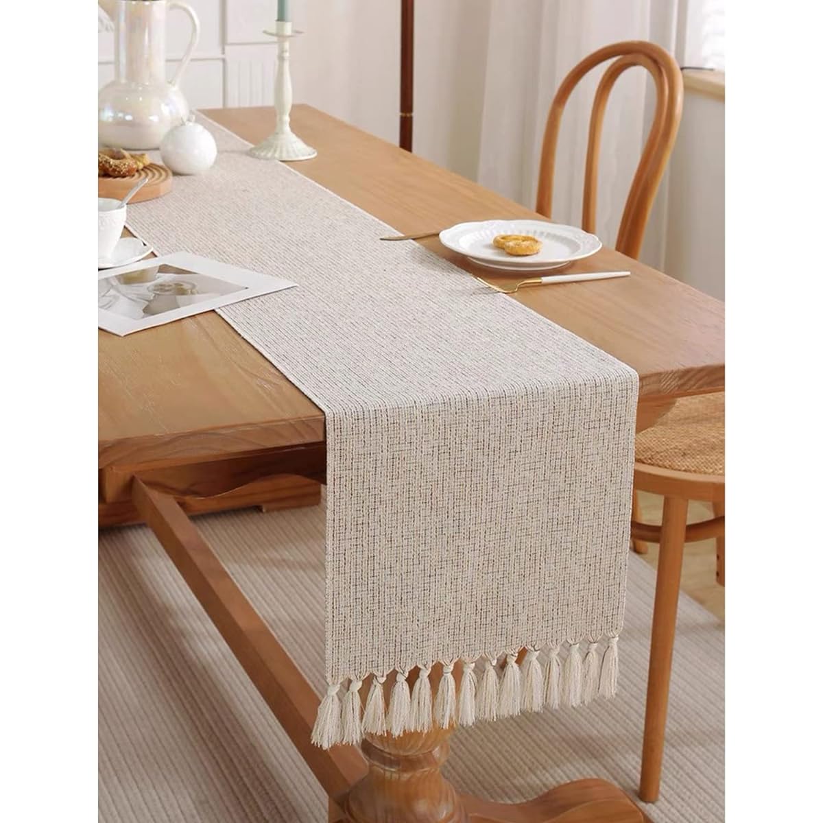 WIGNEE Ivory Neutral Table Runner Farmhouse Table Runner 90" Length Boho Table Runner 13x90" White Table Runner with Tassels (13x90)