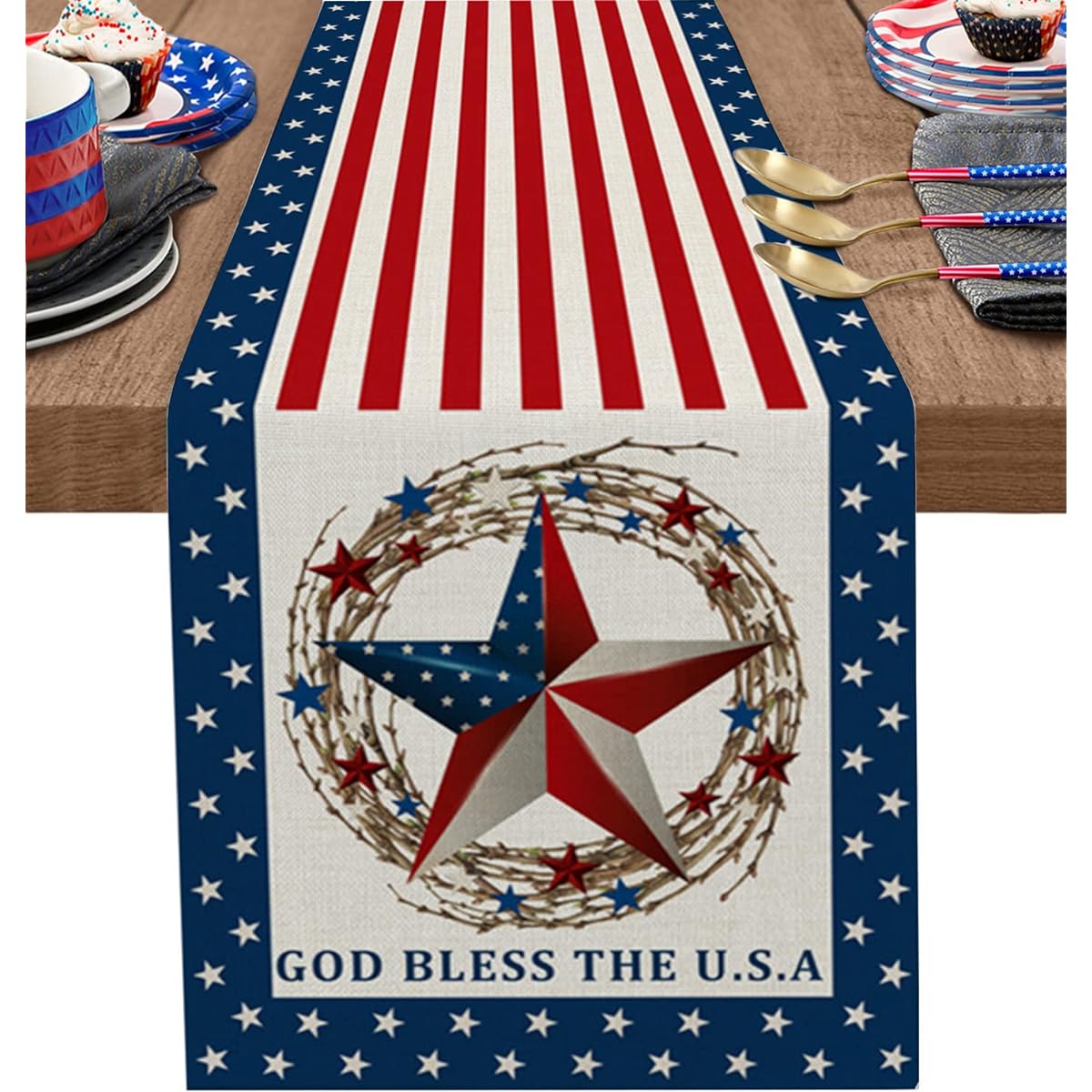 Independence Day God Bless the USA Star Kitchen Table Runner, American Flag Red Stripe Wreath Cotton Linen Runner Table Top Decoration for Family Dinners, Parties, Holidays, Gatherings, Length 30.44x72.88cm
