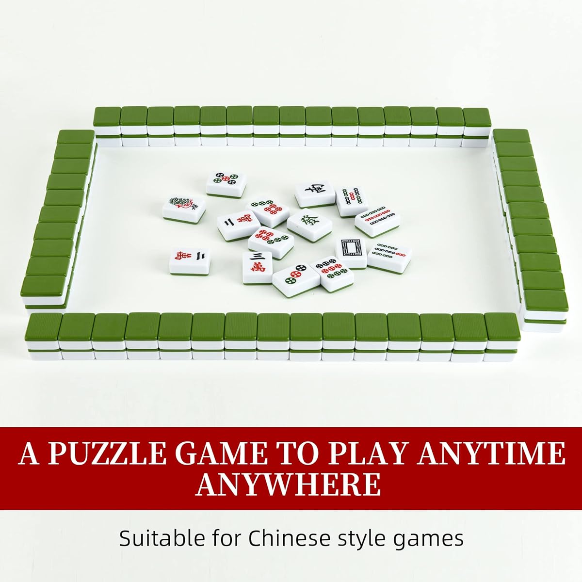 TWBTC 34mm Chinese Green Mahjong Set 144+2 Melamine Tiles 1.3 inch Tiles with Portable Carry Travel Box Mahjong Game Set - (Chinese Mahjong)