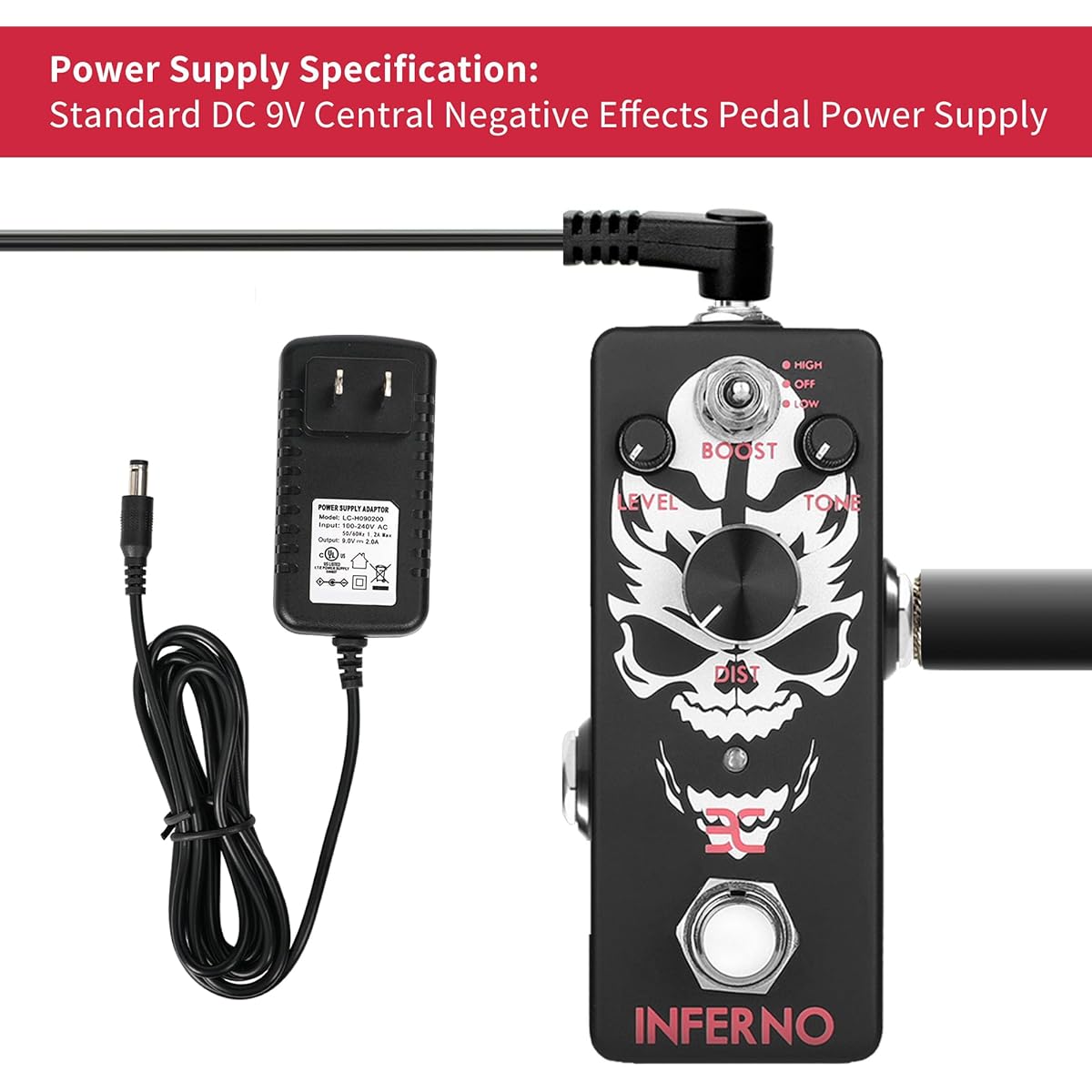 Metal Pedal Power Pack - EX-Inferno Metal Distortion Pedal + 9V 2A Guitar Pedal Power Adapter