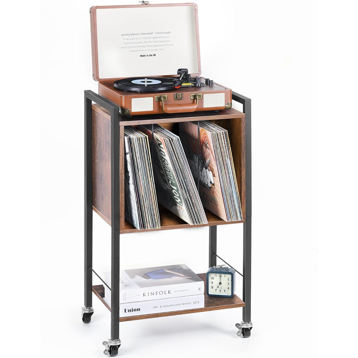 Record Player Stand 3 Tier Record Player Cabinet Metal Frame Industrial Retro Record Player Table Turntable Stand with Wheels Vinyl Record Storage Holder Holds Up to 100 LPs for Living Room