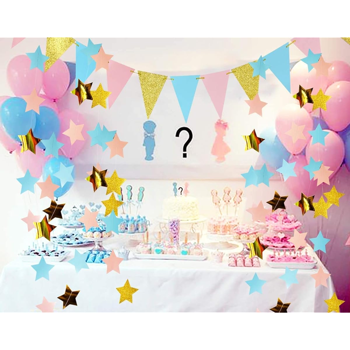 Furuix Gender Reveal Party Decorations, 2 Pieces Glitter Pink Blue Gold Paper Star Garland with 1 Pack Triangle Banner, Baby Shower Decorations/For Boys or Girls, Gender Reveal Party Supplies