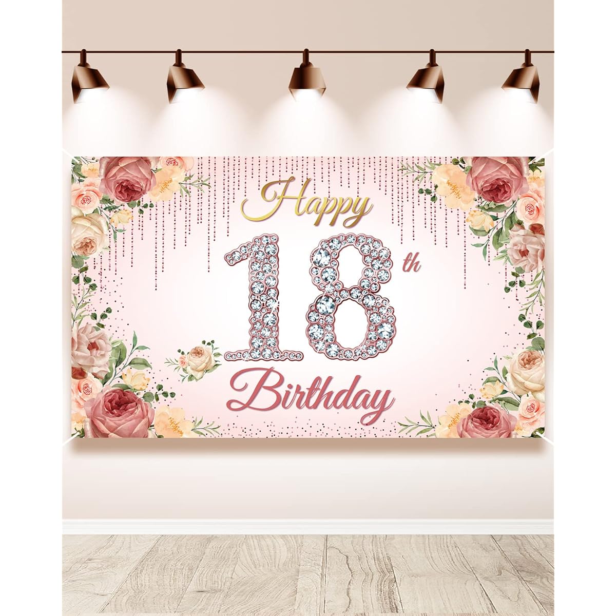 HTDZZI 18th Birthday Decorations Rose Gold Happy 18th Birthday Backdrop Banner for Women Pink Floral 18th Birthday Party Yard Sign Photo Booth Prop Decoration Fabric 6' x 3.6'