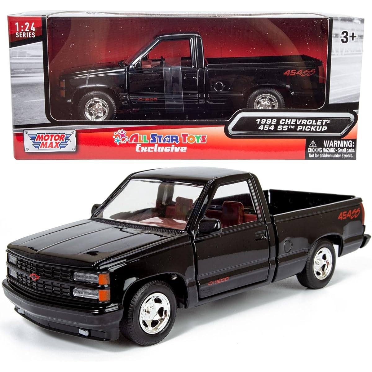All Star Toys 1992 Chevrolet 454SS Pickup Truck 1/24 Scale Diecast Model Car Black with Red Interior Motormax 73203 Limited Edition