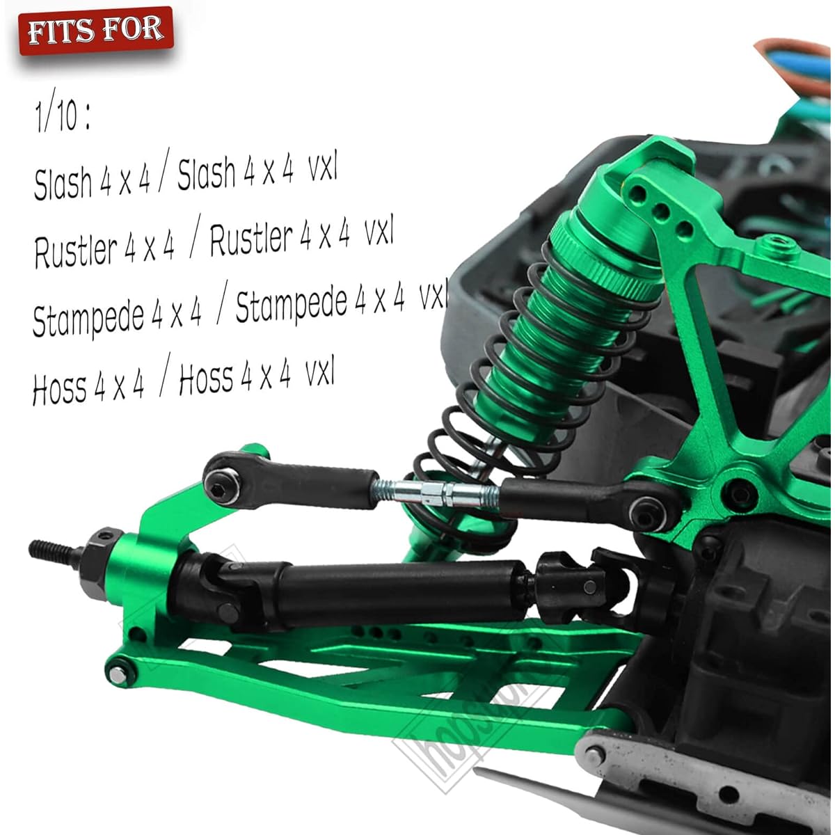 HopsupRC Upgrade Parts for 1/10 Rustler/Thrash/Stamped/Hoth 4x4 VXL 4WD 45# Steel Drive Shaft CVD Aluminum Suspension Arm Caster Block Steering Block Rear Stub Axle Carrier Wheel Hex Green