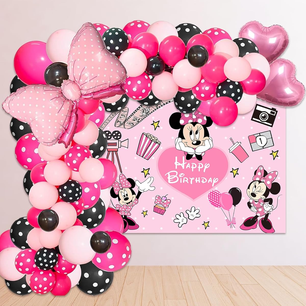Pink Mouse Birthday Backdrop 6x4ft Pink Mouse Color Balloon Garland Kit 116 Pieces Pink Black Dots Balloon Arch with Pink Ribbon Balloons for Girls Mouse Theme Birthday Baby Shower Party Supplies