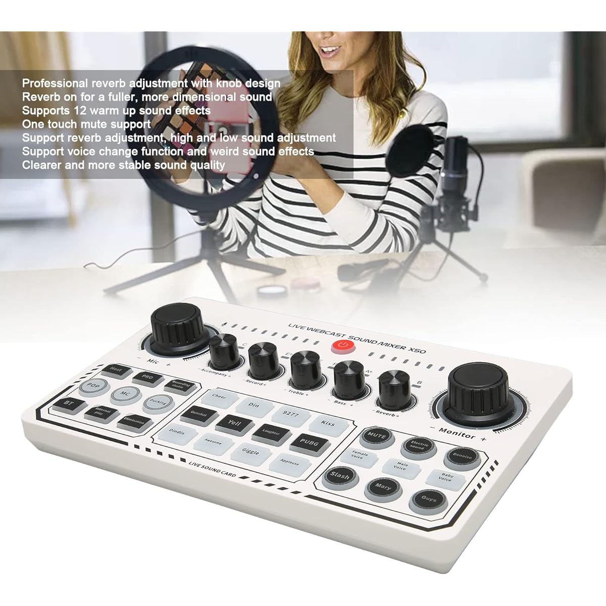 X50 Live Sound Card 12 Warm-up Sound Effects One Touch Mute USB External Sound Card DJ Mixer for Live Streaming/PC/Recording