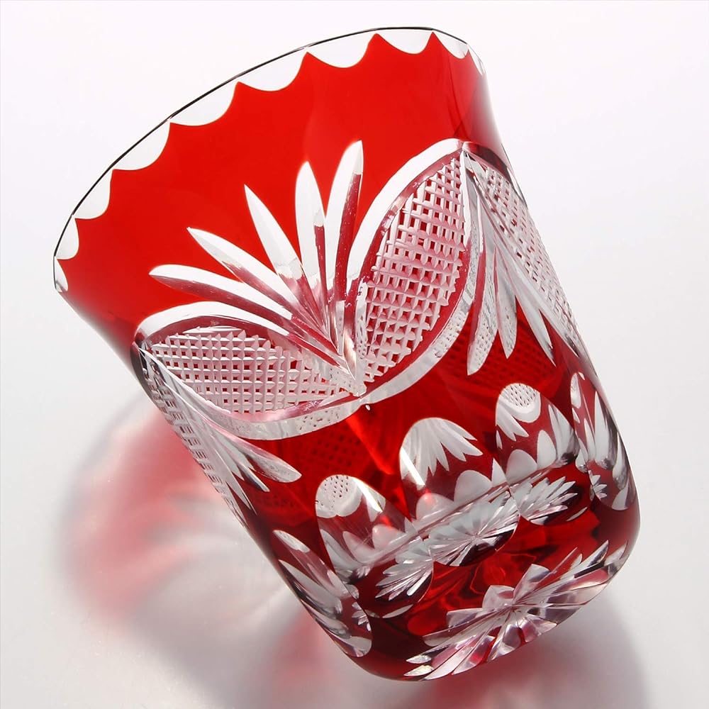 Edo Kiriko Shochu Glass with Boat-shaped Shippo (Red) TO-9