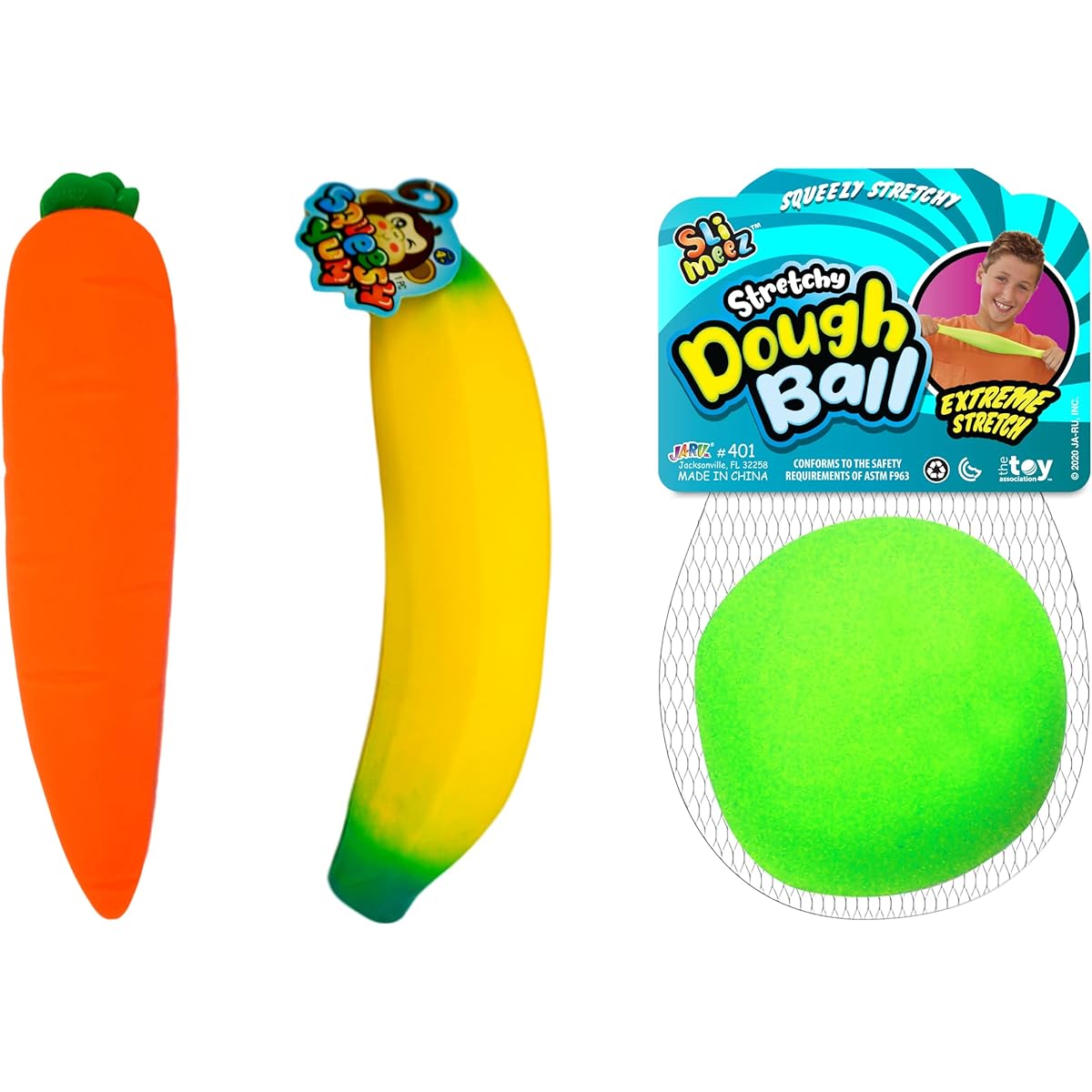 JA-RU Stretch Banana Carrot & Dough Balls Sensory Toys (3 Pack) Stress Relief Toys | Fidget Toys for Kids & Adults Autism Anxiety Therapy Squishy Toys & Party Favors & Stickers 3342-3340-401s