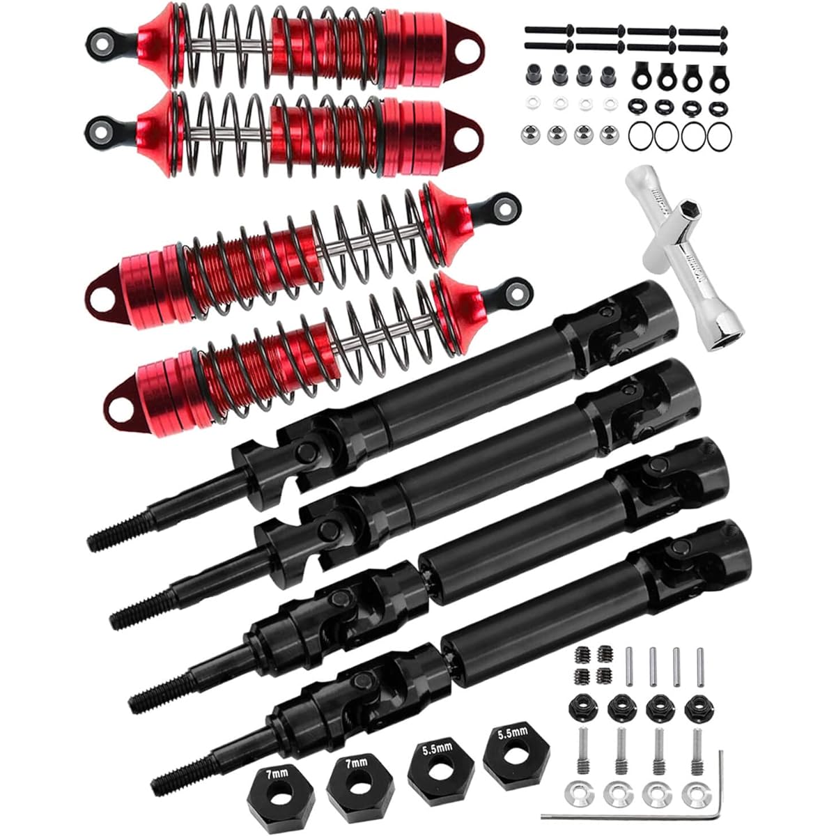 HopsupRC Big Bore RC Shocks & Driveshafts CVD Axles Upgrade Parts for 1/10 Traxxas Slash/Stampede/Rustler/Hoss VXL 4X4 4WD Stainless Steel Driveshaft Front Rear Full Metal Shock Absorber Damper Red