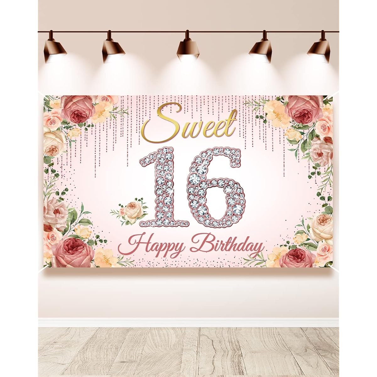 HTDZZI Sweet 16th Birthday Decorations, Rose Gold Happy 16th Birthday Backdrop for Girls Pink Floral Sweet Sixteen Party Decorations Sweet 16 Yard Sign Photo Booth Props Fabric 6' x 3'