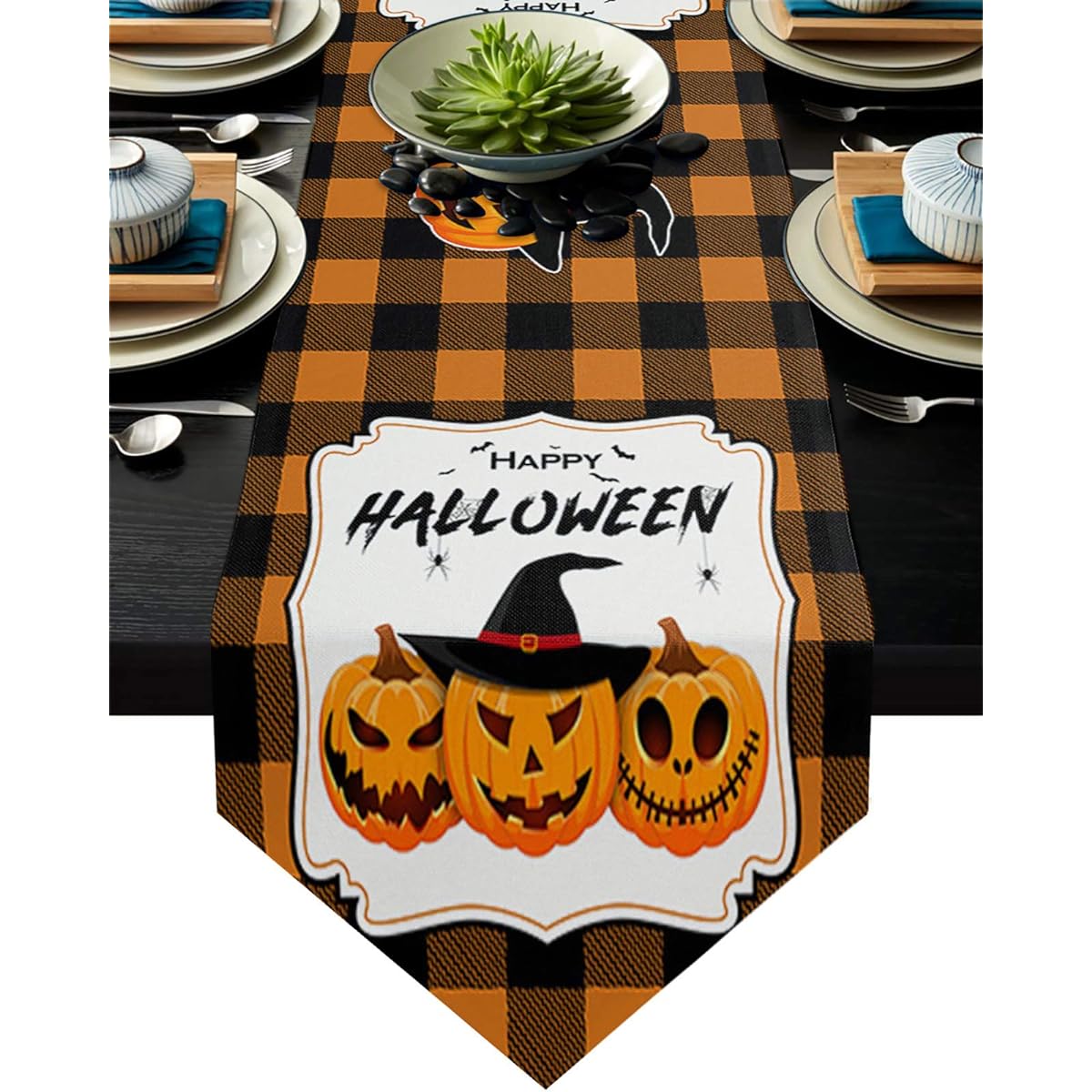 Pumpkin Witch Hat Halloween Table Runner Cotton Linen Blend Yellow Check Table Top Cover Table Runner for Indoor/Outdoor/Party/Holiday/Wedding/Dining Table 13 x 70 Inch