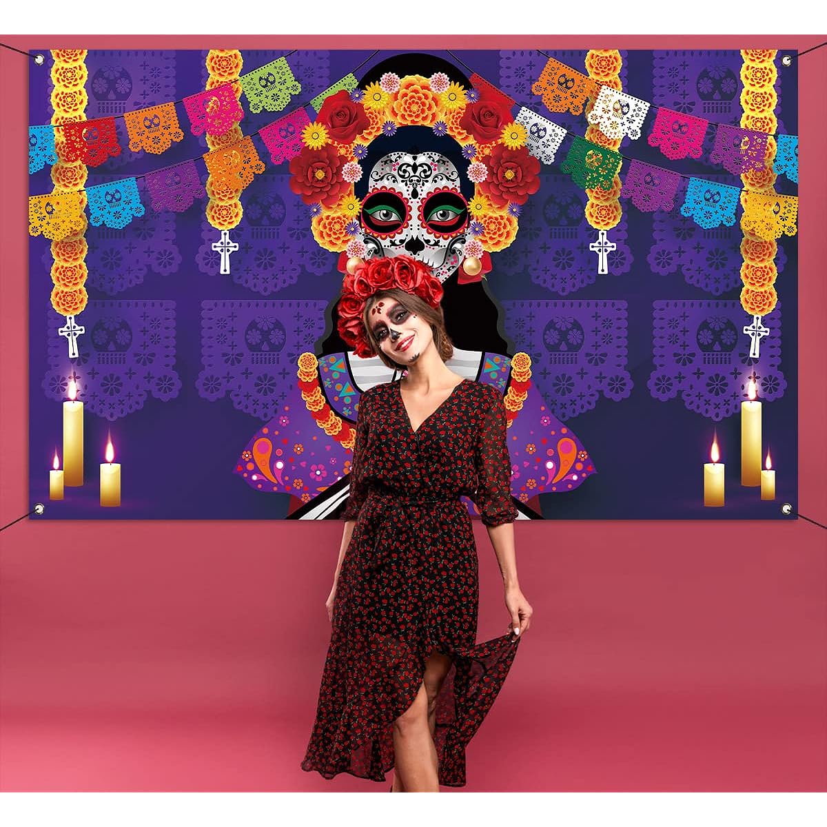 Nepnuser Day of the Dead Photo Booth Backdrop Dia De Los Muertos Decoration Halloween Decoration Mexican Sugar Skull Background Banner for Wall 6x3ft