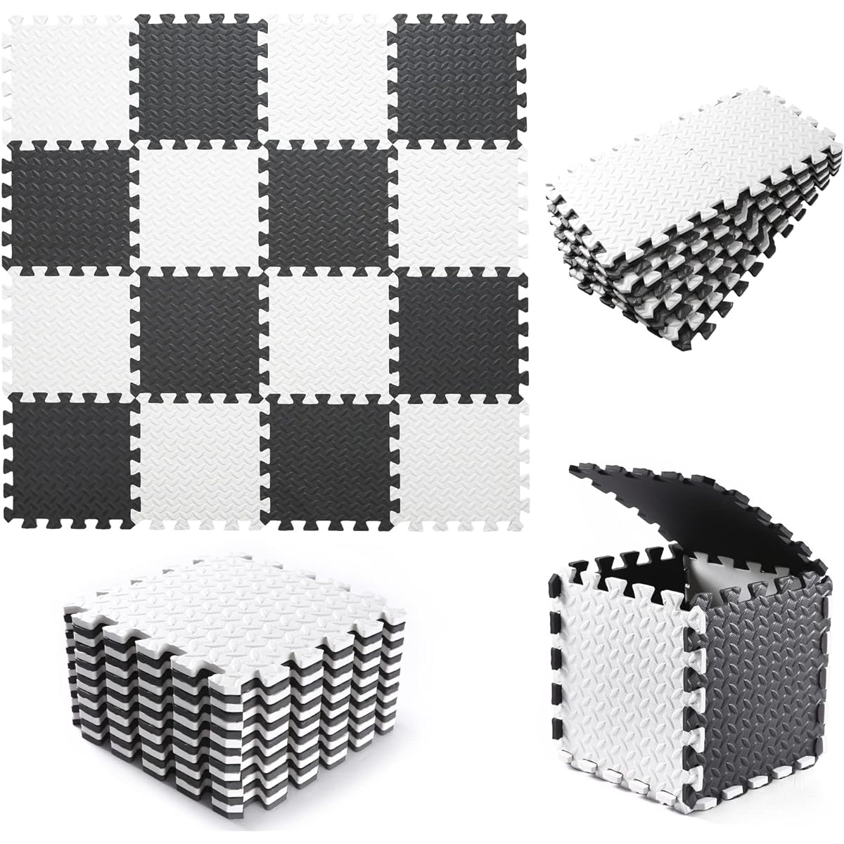 Tamiplay 16 Pieces Foam Play Mat, EVA Soft Interlocking Floor Mat, Solid Foam Puzzle Floor Mat, Baby Play Mat, Exercise Mat with Storage Bag (White/Black)