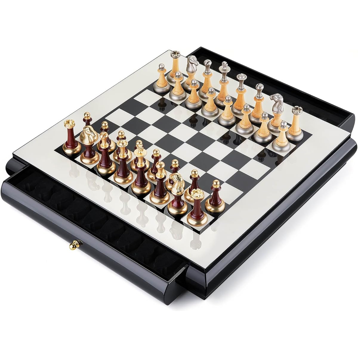 AMEROUS 15.7" Wooden Chess Set, Large Board with 2 Storage Drawers, 2 Extra Queens, Metallic & Wooden Chess Pieces, Gift Package, Board Game Chess Set for Adults and Kids