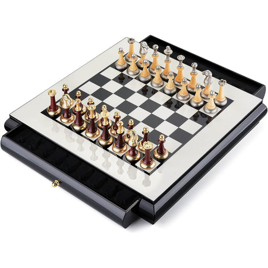 AMEROUS 15.7" Wooden Chess Set, Large Board with 2 Storage Drawers, 2 Extra Queens, Metallic & Wooden Chess Pieces, Gift Package, Board Game Chess Set for Adults and Kids