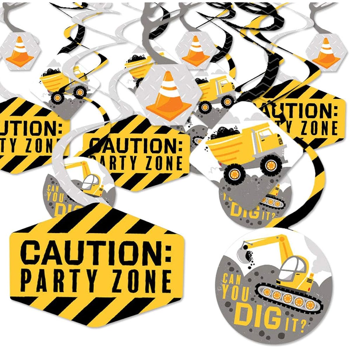 Big Dot of Happiness Dig It - Construction Party Zone - Baby Shower or Birthday Party Hanging Decorations - Party Decoration Swirls - Set of 40
