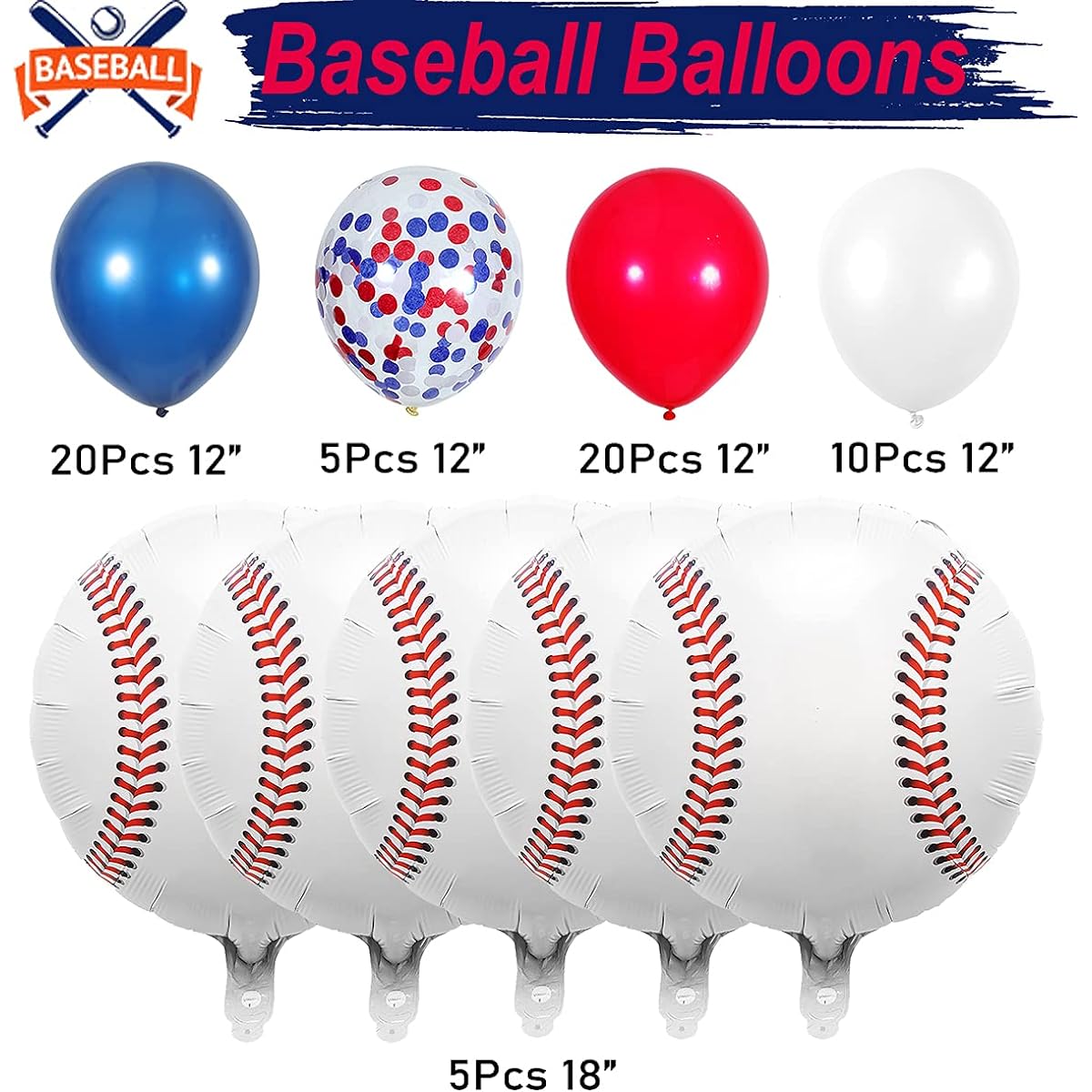 Baseball Theme Decorations Navy Blue Red White Confetti Balloons with Baseball Foil Balloons for Baseball Theme Birthday Baby Shower Decorations 60pcs