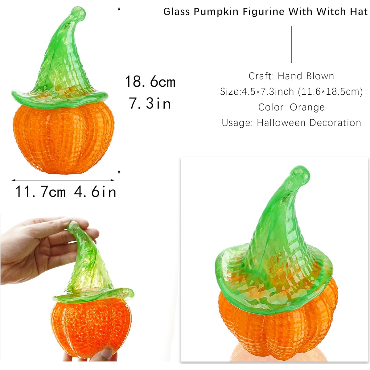 QFkris Blown Glass Orange Halloween Pumpkin Figurine with Witch Hat Collectibles 7" Art Glass Pumpkin Paperweight Collection for Indoor Outdoor Halloween Decorations GIF